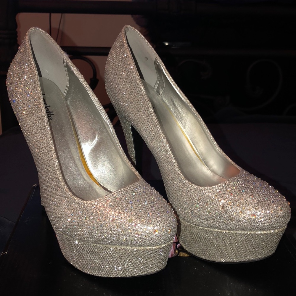 Silver glitter mesh heels